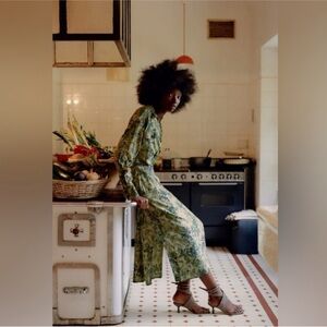 Zara Green Floral Midi Dress shirt belted linen jungle safari toile  USA M